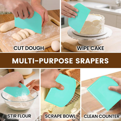 Dough Scraper Set with 2 Flexible Bowl Scrapers - Stainless Steel Dough Cutter & Bench Scraper with Measuring Scale - Versatile Kitchen Scraper for Bread, Pastry, Pizza, Cake - Black & Green