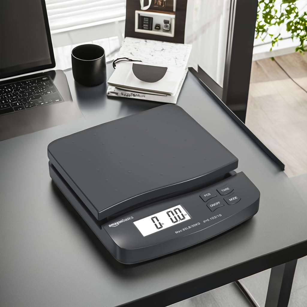 Digital Postal Shipping Scale with Tare Function, AC Adapter, 65 lb Capacity, 0.1 oz Readability, LCD Display, Black