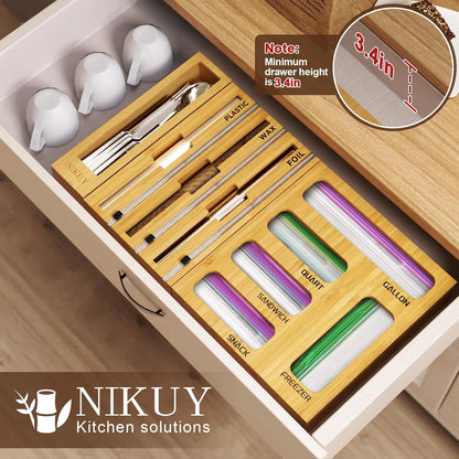 9 IN 1 Bamboo Foil and Plastic Wrap Organizer for Kitchen Drawer, Plastic Bag Organizer Organization and Storage, Food Storage Bag Organizer with Labels for Quart Gallon Snack Sandwich Bag