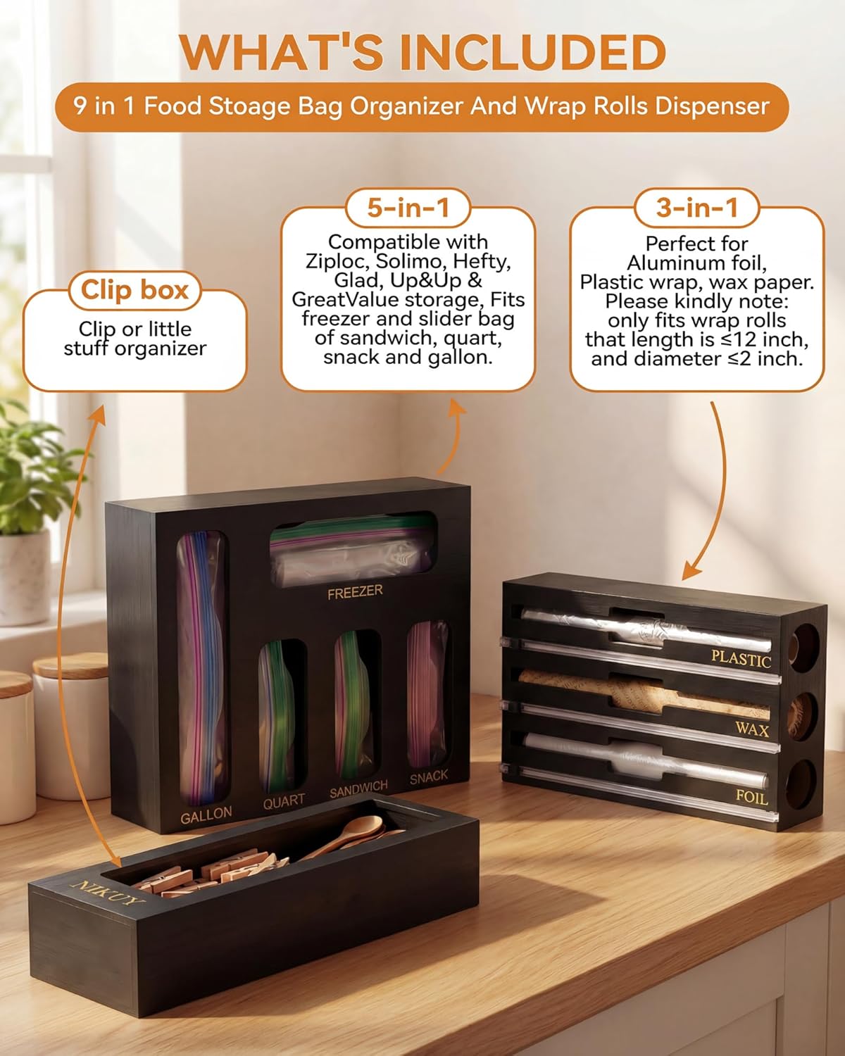 9 IN 1 Bamboo Foil and Plastic Wrap Organizer for Kitchen Drawer, Plastic Bag Organizer Organization and Storage, Food Storage Bag Organizer with Labels for Quart Gallon Snack Sandwich Bag