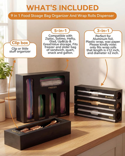 9 IN 1 Bamboo Foil and Plastic Wrap Organizer for Kitchen Drawer, Plastic Bag Organizer Organization and Storage, Food Storage Bag Organizer with Labels for Quart Gallon Snack Sandwich Bag