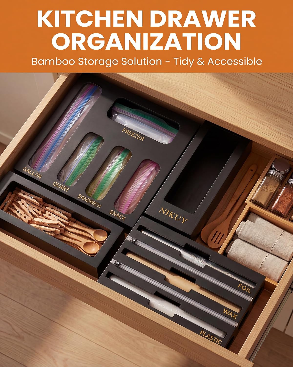 9 IN 1 Bamboo Foil and Plastic Wrap Organizer for Kitchen Drawer, Plastic Bag Organizer Organization and Storage, Food Storage Bag Organizer with Labels for Quart Gallon Snack Sandwich Bag