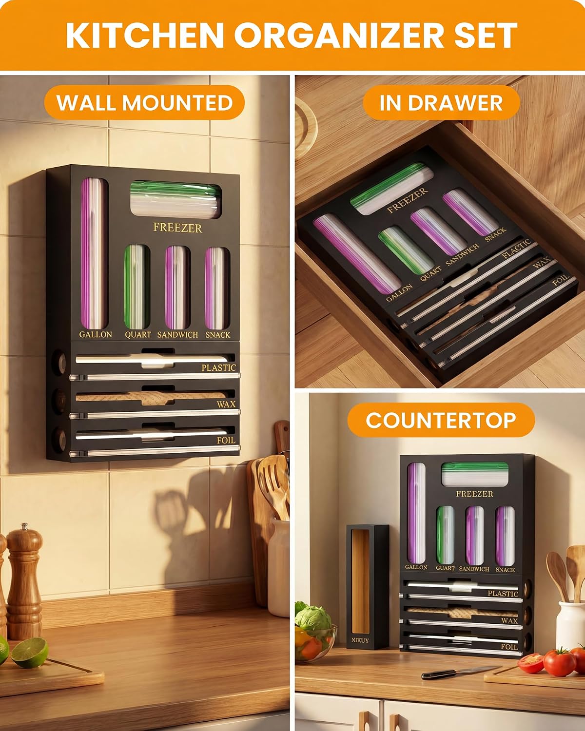 9 IN 1 Bamboo Foil and Plastic Wrap Organizer for Kitchen Drawer, Plastic Bag Organizer Organization and Storage, Food Storage Bag Organizer with Labels for Quart Gallon Snack Sandwich Bag