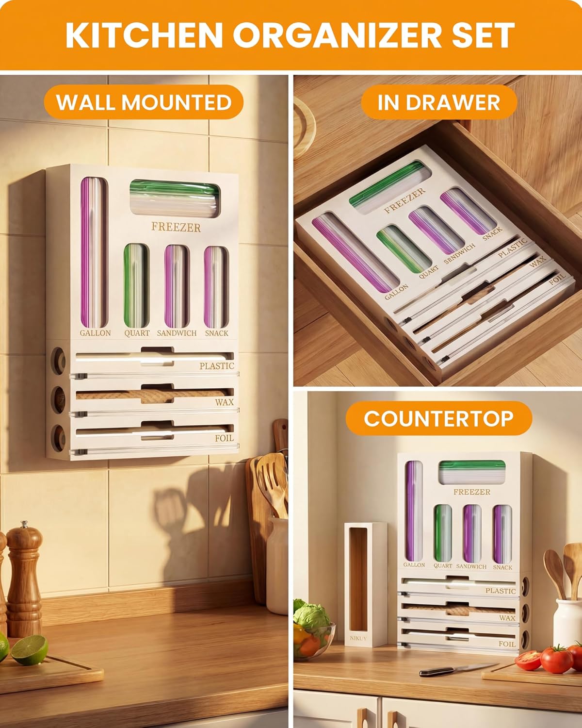9 IN 1 Bamboo Foil and Plastic Wrap Organizer for Kitchen Drawer, Plastic Bag Organizer Organization and Storage, Food Storage Bag Organizer with Labels for Quart Gallon Snack Sandwich Bag