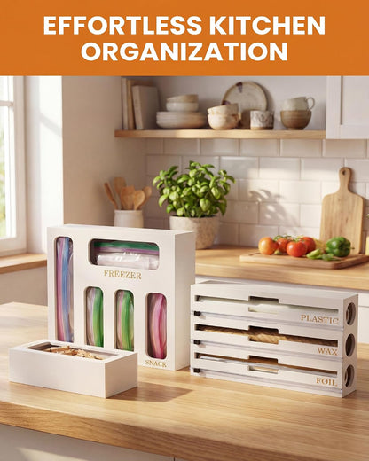 9 IN 1 Bamboo Foil and Plastic Wrap Organizer for Kitchen Drawer, Plastic Bag Organizer Organization and Storage, Food Storage Bag Organizer with Labels for Quart Gallon Snack Sandwich Bag
