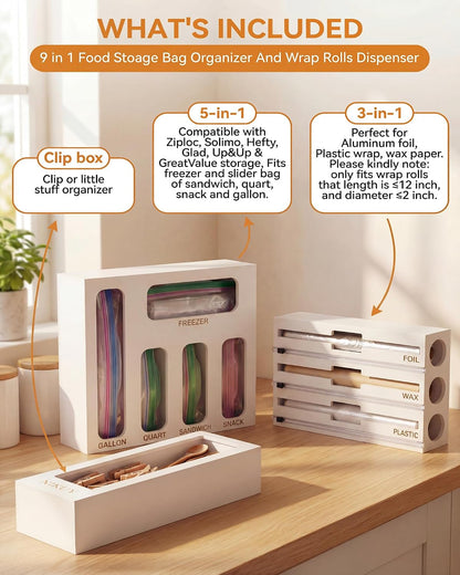 9 IN 1 Bamboo Foil and Plastic Wrap Organizer for Kitchen Drawer, Plastic Bag Organizer Organization and Storage, Food Storage Bag Organizer with Labels for Quart Gallon Snack Sandwich Bag