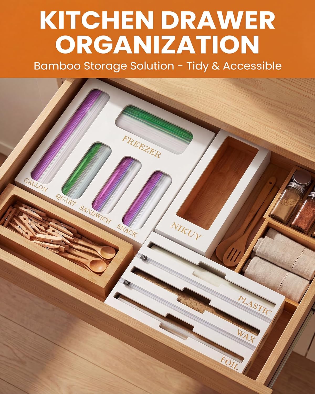 9 IN 1 Bamboo Foil and Plastic Wrap Organizer for Kitchen Drawer, Plastic Bag Organizer Organization and Storage, Food Storage Bag Organizer with Labels for Quart Gallon Snack Sandwich Bag