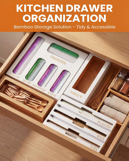 9 IN 1 Bamboo Foil and Plastic Wrap Organizer for Kitchen Drawer, Plastic Bag Organizer Organization and Storage, Food Storage Bag Organizer with Labels for Quart Gallon Snack Sandwich Bag