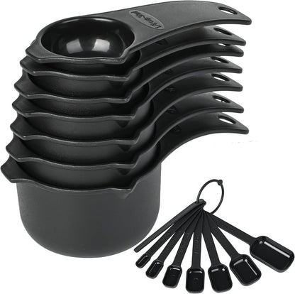 Measuring Cups and Spoons Set 15, 7 Plastic Measuring Cup Spoon Set, 7 Spice Long Handle Measuring Spoons with 1 Leveler for Kitchen and Baking, Dry Metric Measure Cups & Spoons Black