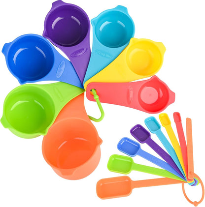 Measuring Cups and Spoons Set 15, 7 Plastic Measuring Cup Spoon Set, 7 Spice Long Handle Measuring Spoons with 1 Leveler for Kitchen and Baking, Dry Metric Measure Cups & Spoons Black
