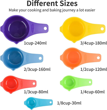 Measuring Cups and Spoons Set 15, 7 Plastic Measuring Cup Spoon Set, 7 Spice Long Handle Measuring Spoons with 1 Leveler for Kitchen and Baking, Dry Metric Measure Cups & Spoons Black