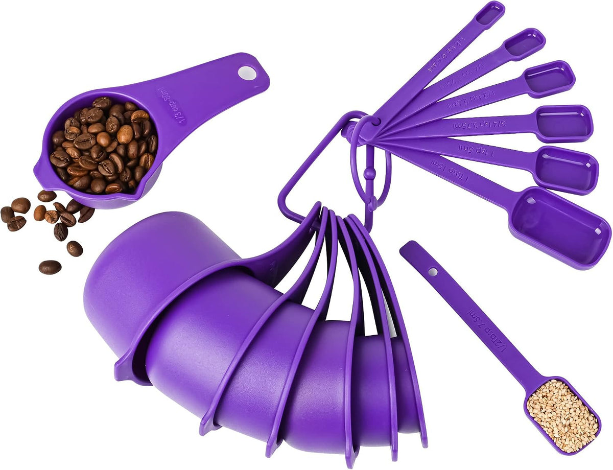 Measuring Cups and Spoons Set 15, 7 Plastic Measuring Cup Spoon Set, 7 Spice Long Handle Measuring Spoons with 1 Leveler for Kitchen and Baking, Dry Metric Measure Cups & Spoons Black