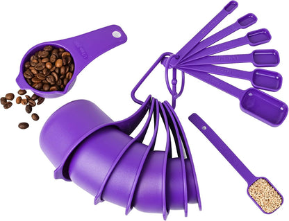 Measuring Cups and Spoons Set 15, 7 Plastic Measuring Cup Spoon Set, 7 Spice Long Handle Measuring Spoons with 1 Leveler for Kitchen and Baking, Dry Metric Measure Cups & Spoons Black