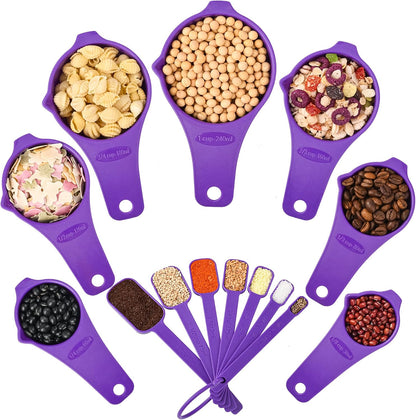 Measuring Cups and Spoons Set 15, 7 Plastic Measuring Cup Spoon Set, 7 Spice Long Handle Measuring Spoons with 1 Leveler for Kitchen and Baking, Dry Metric Measure Cups & Spoons Black