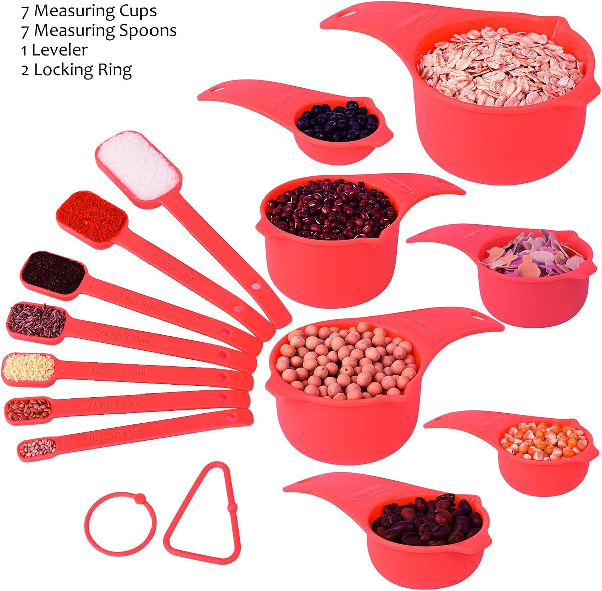 Measuring Cups and Spoons Set 15, 7 Plastic Measuring Cup Spoon Set, 7 Spice Long Handle Measuring Spoons with 1 Leveler for Kitchen and Baking, Dry Metric Measure Cups & Spoons Black