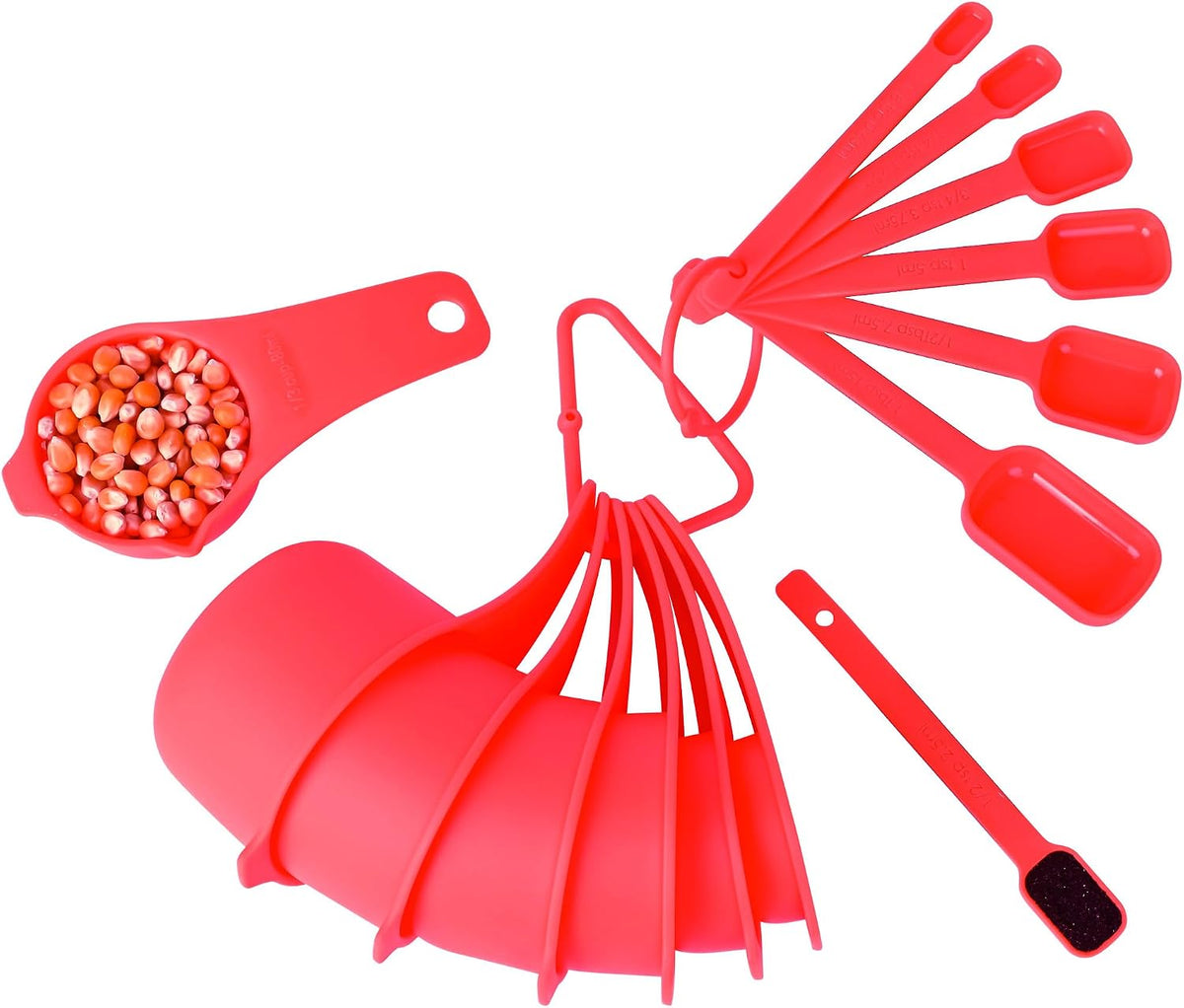 Measuring Cups and Spoons Set 15, 7 Plastic Measuring Cup Spoon Set, 7 Spice Long Handle Measuring Spoons with 1 Leveler for Kitchen and Baking, Dry Metric Measure Cups & Spoons Black