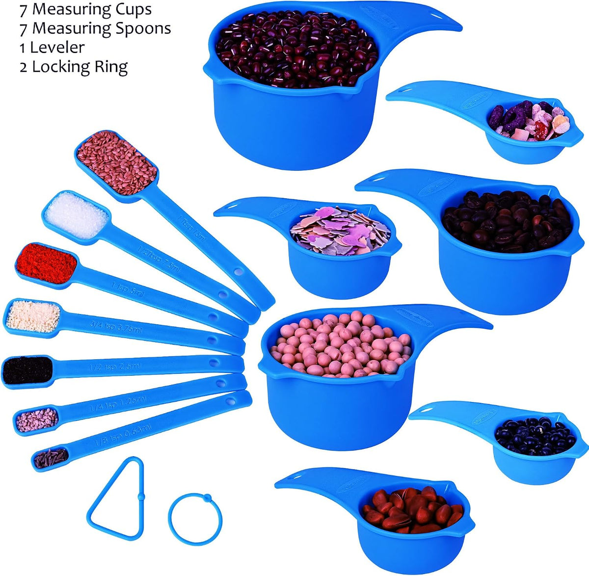 Measuring Cups and Spoons Set 15, 7 Plastic Measuring Cup Spoon Set, 7 Spice Long Handle Measuring Spoons with 1 Leveler for Kitchen and Baking, Dry Metric Measure Cups & Spoons Black