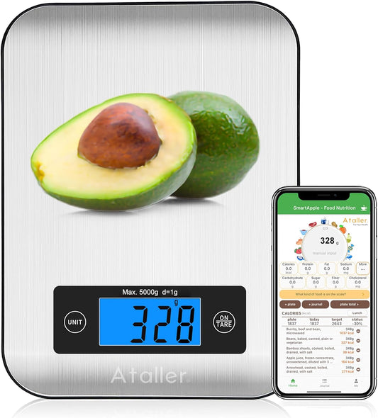 Smart Food Scales, 1g Resolution Max 5kg 11Ibs, Stainless Steel | Digital Kitchen Scale with Nutritional Calculator, Smartphone App, 26 Nutrients Tracking, for Cooking, Baking, Meal Prep