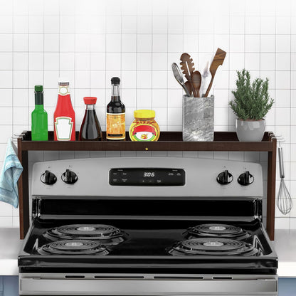 IIIOIIIA Bamboo Over the Stove Spice Shelf for Kitchen, 31.5" Spice Rack Organizer Shelf with 6 hooks, 11.4" Height Extra Storage Countertop, Easy to Assemble