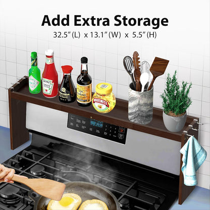 IIIOIIIA Bamboo Over the Stove Spice Shelf for Kitchen, 31.5" Spice Rack Organizer Shelf with 6 hooks, 11.4" Height Extra Storage Countertop, Easy to Assemble