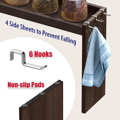 IIIOIIIA Bamboo Over the Stove Spice Shelf for Kitchen, 31.5" Spice Rack Organizer Shelf with 6 hooks, 11.4" Height Extra Storage Countertop, Easy to Assemble