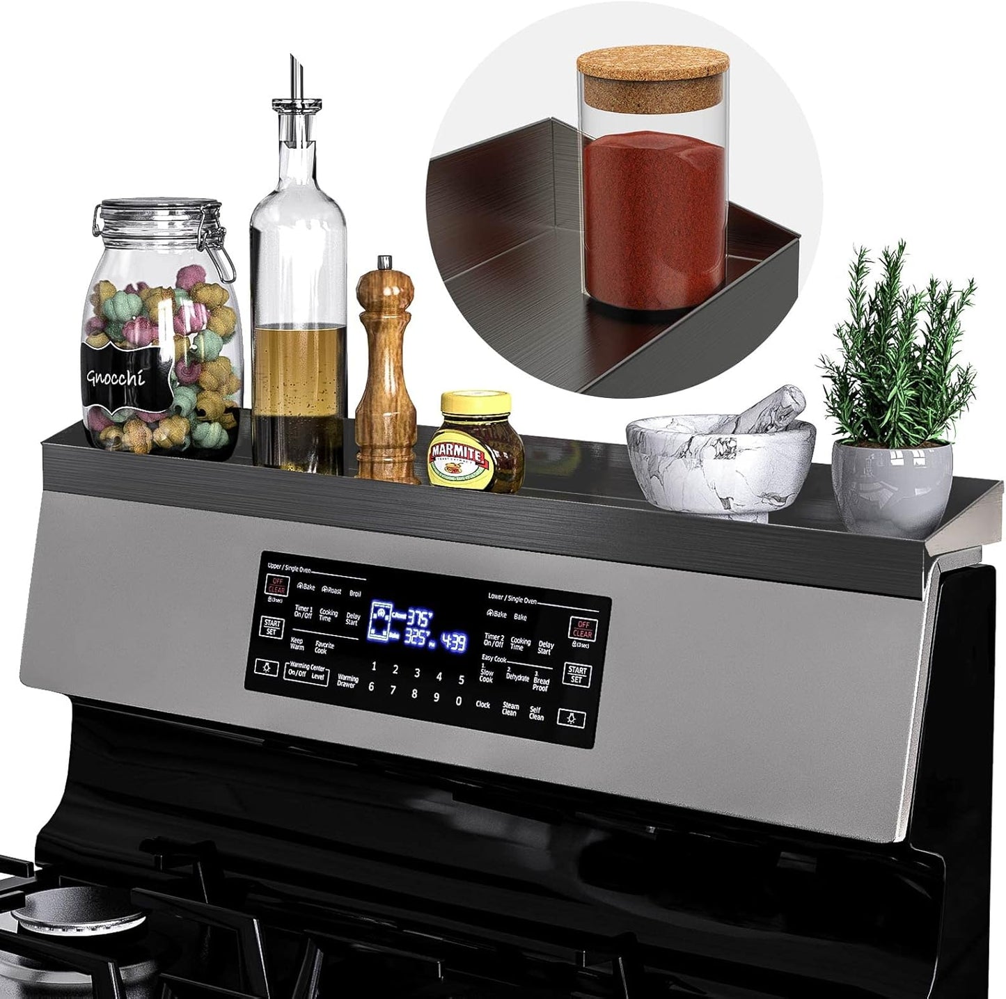 IIIOIIIA Bamboo Over the Stove Spice Shelf for Kitchen, 31.5" Spice Rack Organizer Shelf with 6 hooks, 11.4" Height Extra Storage Countertop, Easy to Assemble