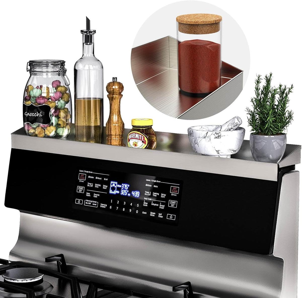 IIIOIIIA Bamboo Over the Stove Spice Shelf for Kitchen, 31.5" Spice Rack Organizer Shelf with 6 hooks, 11.4" Height Extra Storage Countertop, Easy to Assemble