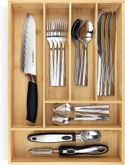 Silverware Organizer - Small Extra-Deep Wooden Kitchen Drawer Organizer Divider for Spoons, Forks, Knives & Cutleries - 5 Slots