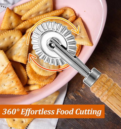 Fluted Pastry Cutter, Fluted Pastry Wheel 6.3 Inch Stainless Steel with Ergonomic Oak Handle for Pasta, Dumplings & Noodles, 360° Effortless Cutting