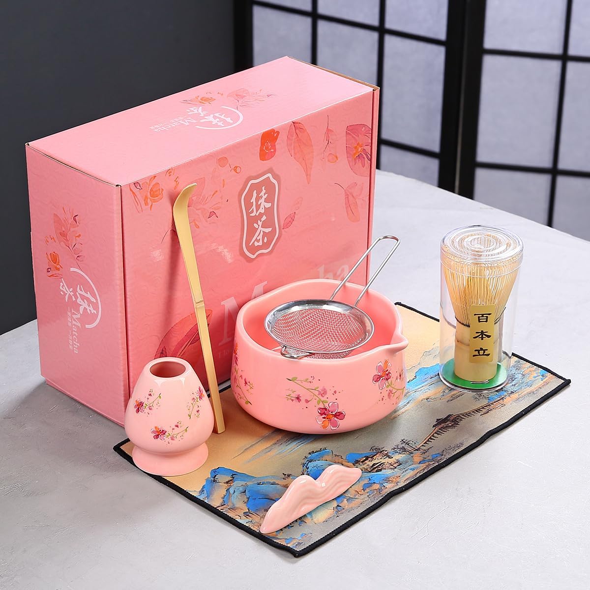 Matcha Set 7-Piece matcha whisk set，matcha kit,matcha set, 1 Scoops, Strainer,1 matcha whisk ，macha whisk set (pink)