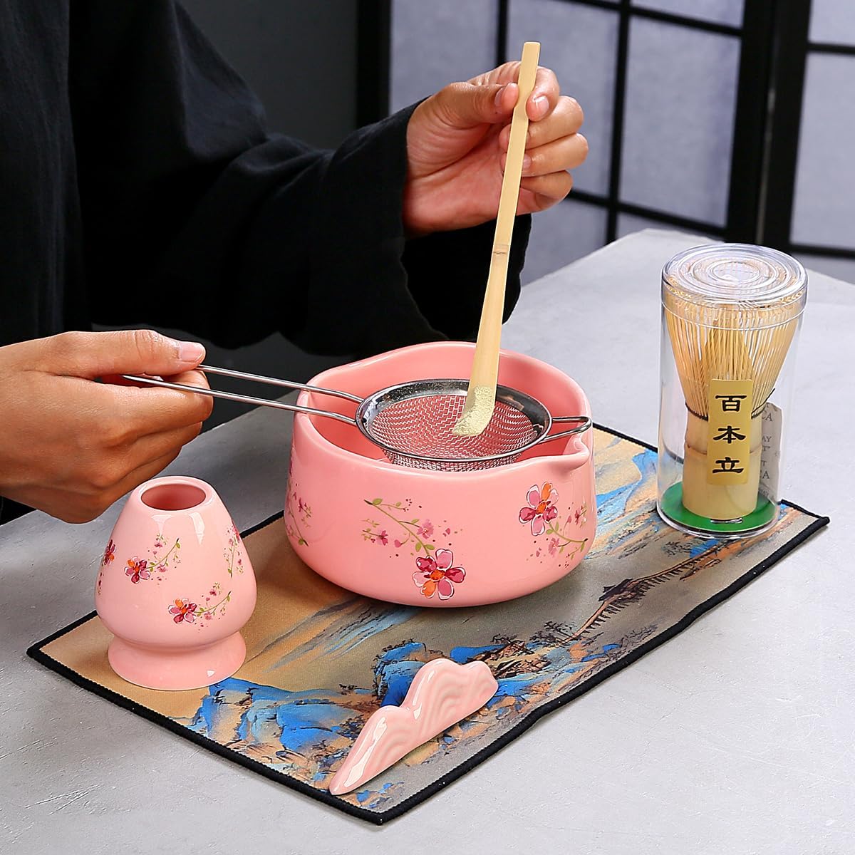 Matcha Set 7-Piece matcha whisk set，matcha kit,matcha set, 1 Scoops, Strainer,1 matcha whisk ，macha whisk set (pink)