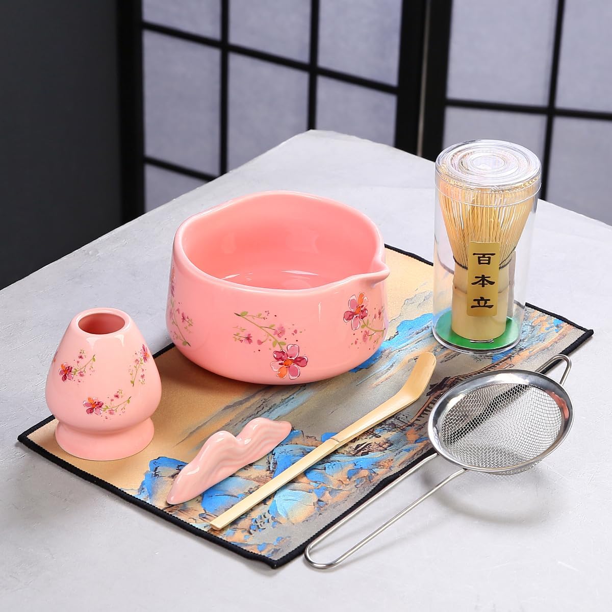Matcha Set 7-Piece matcha whisk set，matcha kit,matcha set, 1 Scoops, Strainer,1 matcha whisk ，macha whisk set (pink)