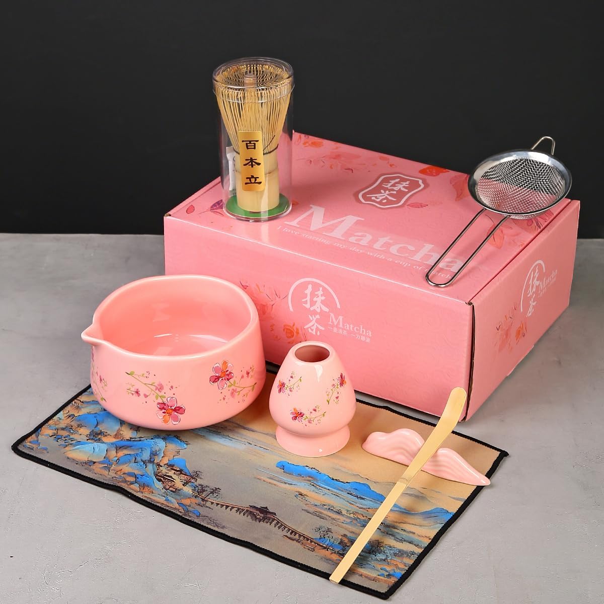 Matcha Set 7-Piece matcha whisk set，matcha kit,matcha set, 1 Scoops, Strainer,1 matcha whisk ，macha whisk set (pink)
