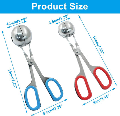 1.38"+ 1.89" Meatball Maker, 2Pcs None-stick Meatball Scoop Ball Maker, Stainless Steel Meat Baller Tongs, Cake Pop, Cookie Dough Scoop for Kitchen (Red + Blue)