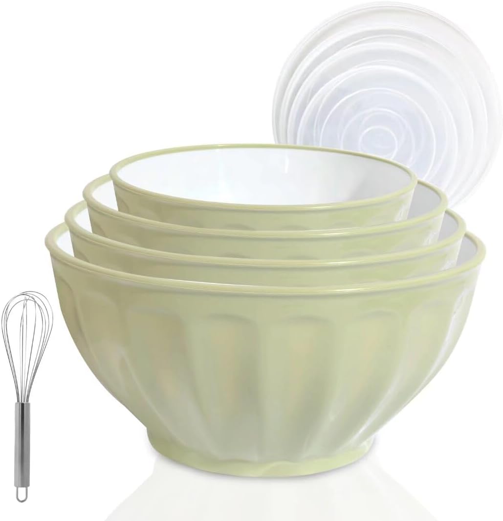 Mixing Bowls with Lids Set,Plastic Prep Bowl with Lid,Mixing Bowl Set for Kitchen Cooking, Baking,Storage Food,4 Big Nesting Bowls and 1 Egg Whisk,Stackable，Green