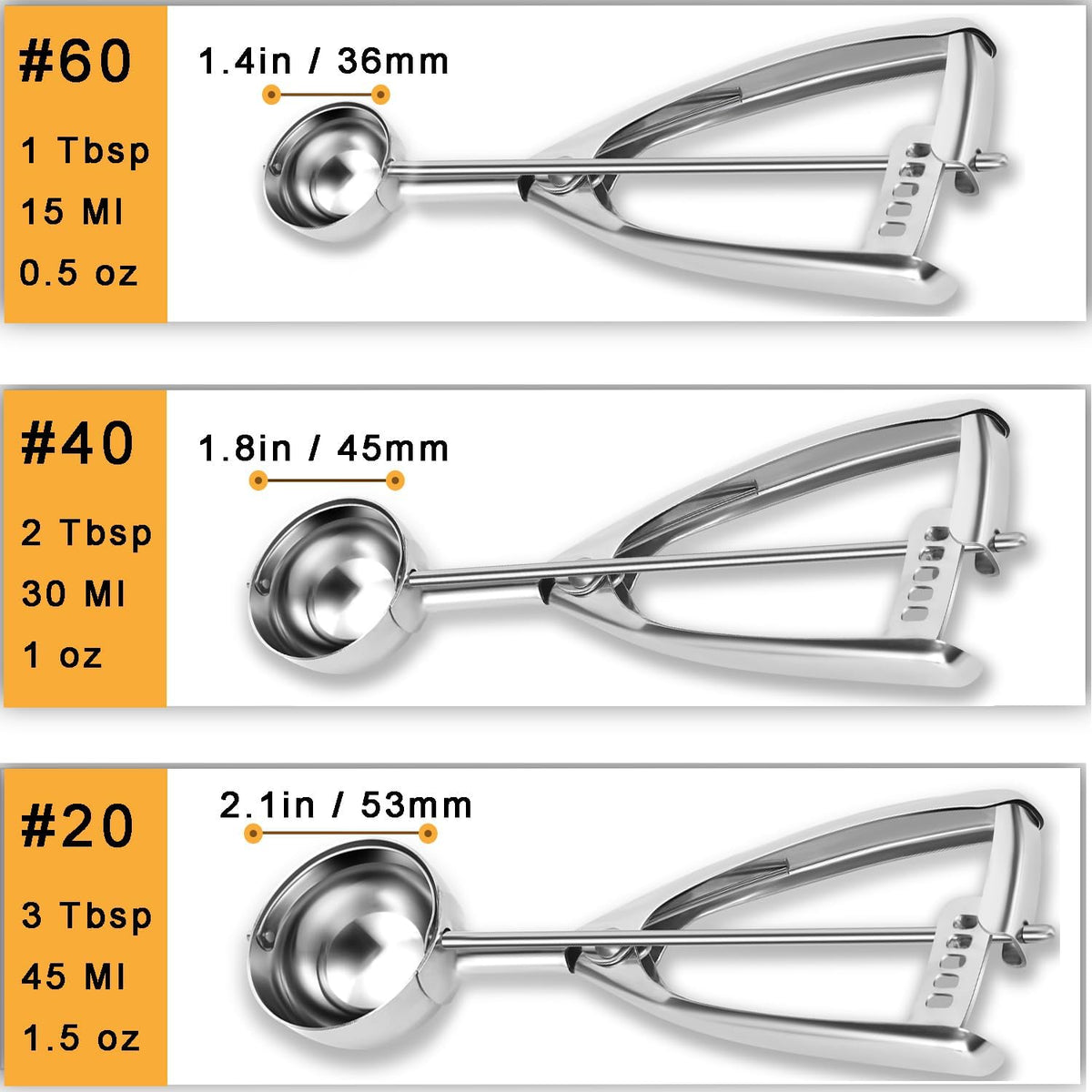 Cookie Scoop Set - Small/1 Tbsp, Medium/2 Tbsp, Large/3 Tbsp - Cookie Dough Scoop, Cookie Scoops for Baking Set of 3, Heavy-Duty 18/8 Stainless Steel Melon Baller Scoop Ice Cream Scoop