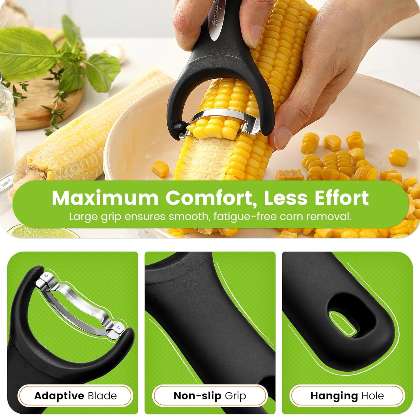 Stainless Steel Corn Peeler – Corn on the Cob Stripper Tool – Durable & Efficient Kernel Remover Tool – Easy to Use Kernel Cutter - Dishwasher Safe Kitchen Gadget - Set of 2 - Black