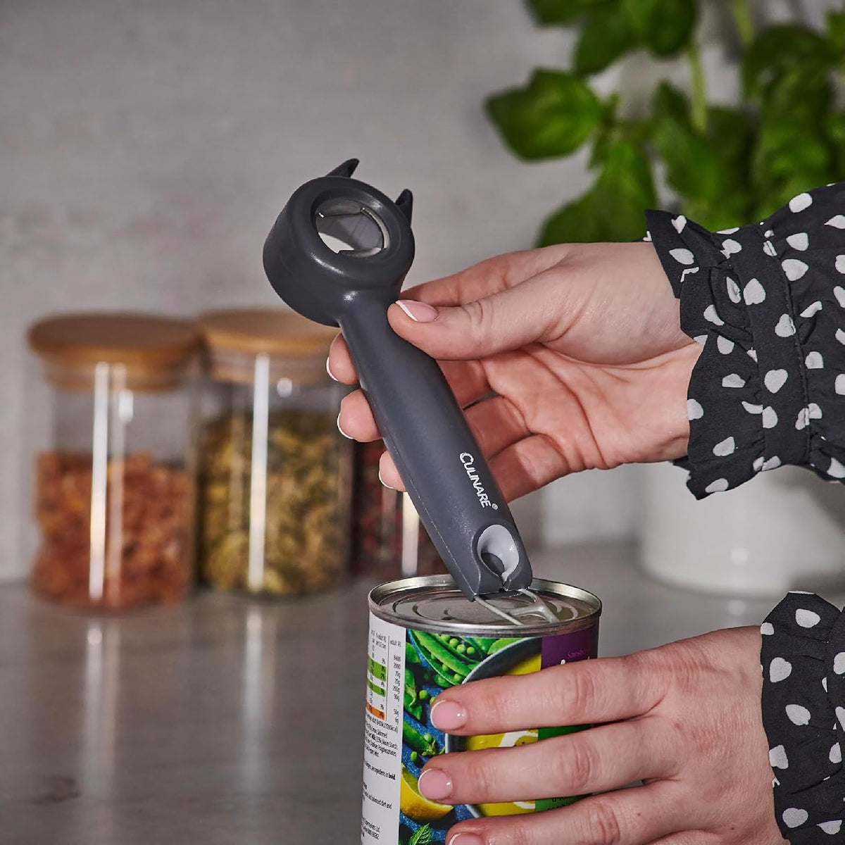 MagiCan Auto Tin Opener, Grey, Plastic/Stainless Steel, One Hand Operated Manual Can Opener with Clamp