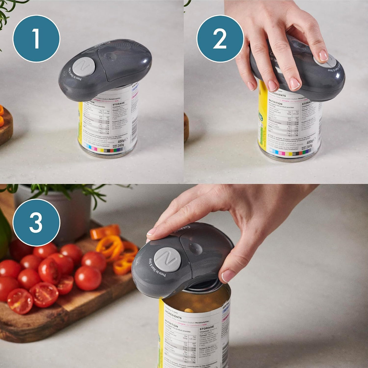 MagiCan Auto Tin Opener, Grey, Plastic/Stainless Steel, One Hand Operated Manual Can Opener with Clamp