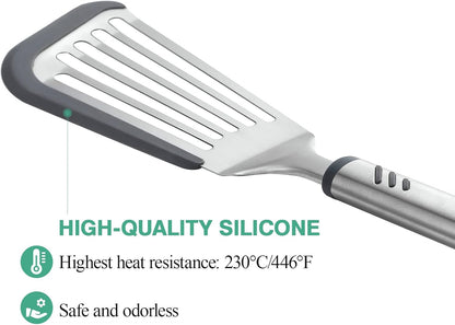 Silicone Fish Spatula, Flexible Slotted Turner for Nonstick Cookware | 12.6 inch, Heat-safe Silicone, Beveled Edge, Flexible Stainless Steel, Non-slip Touch-points of Handle, Dishwasher Safe