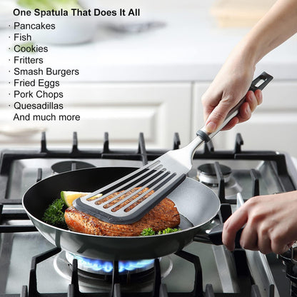 Silicone Fish Spatula, Flexible Slotted Turner for Nonstick Cookware | 12.6 inch, Heat-safe Silicone, Beveled Edge, Flexible Stainless Steel, Non-slip Touch-points of Handle, Dishwasher Safe