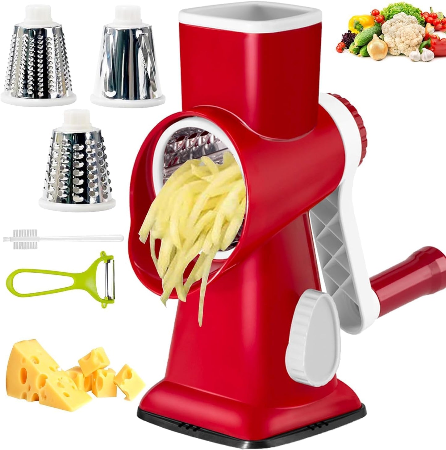 Cheese Grater with Handle, Multifunctional Manual Rotary Cheese Grater - Cheese Shredder Easily Chop Carrots, Potatoes, Vegetables and Fruits and Easy to Clean (Red)