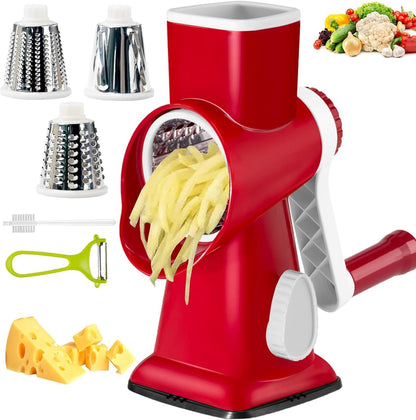 Cheese Grater with Handle, Multifunctional Manual Rotary Cheese Grater - Cheese Shredder Easily Chop Carrots, Potatoes, Vegetables and Fruits and Easy to Clean (Red)