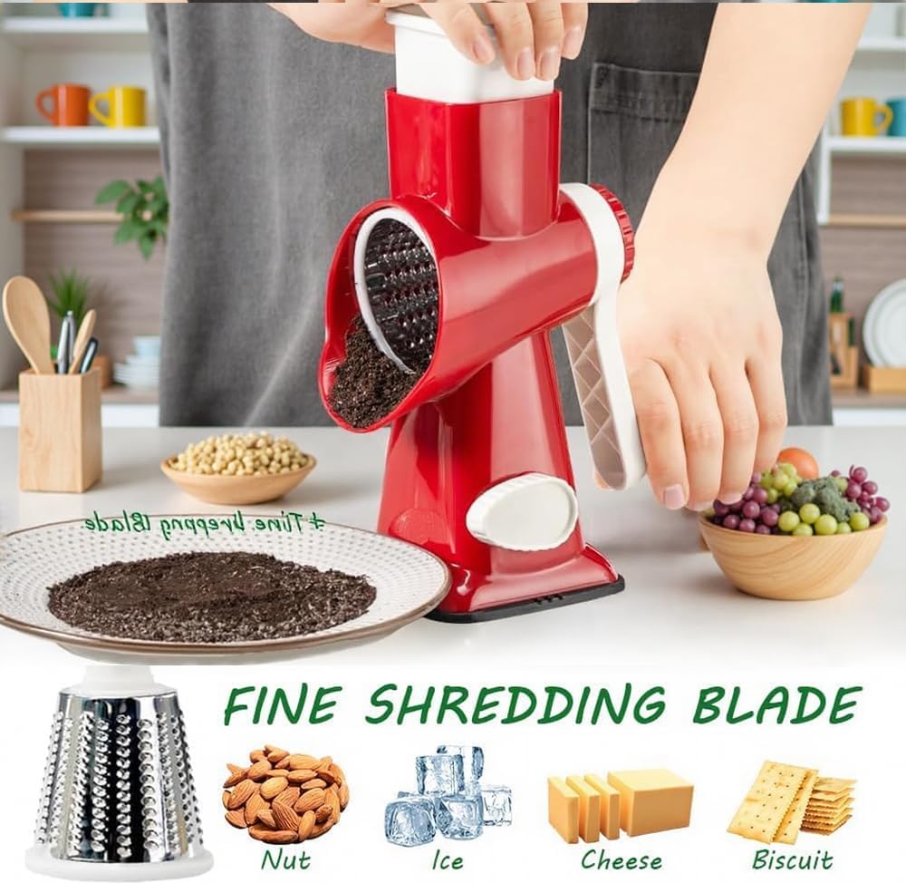 Cheese Grater with Handle, Multifunctional Manual Rotary Cheese Grater - Cheese Shredder Easily Chop Carrots, Potatoes, Vegetables and Fruits and Easy to Clean (Red)