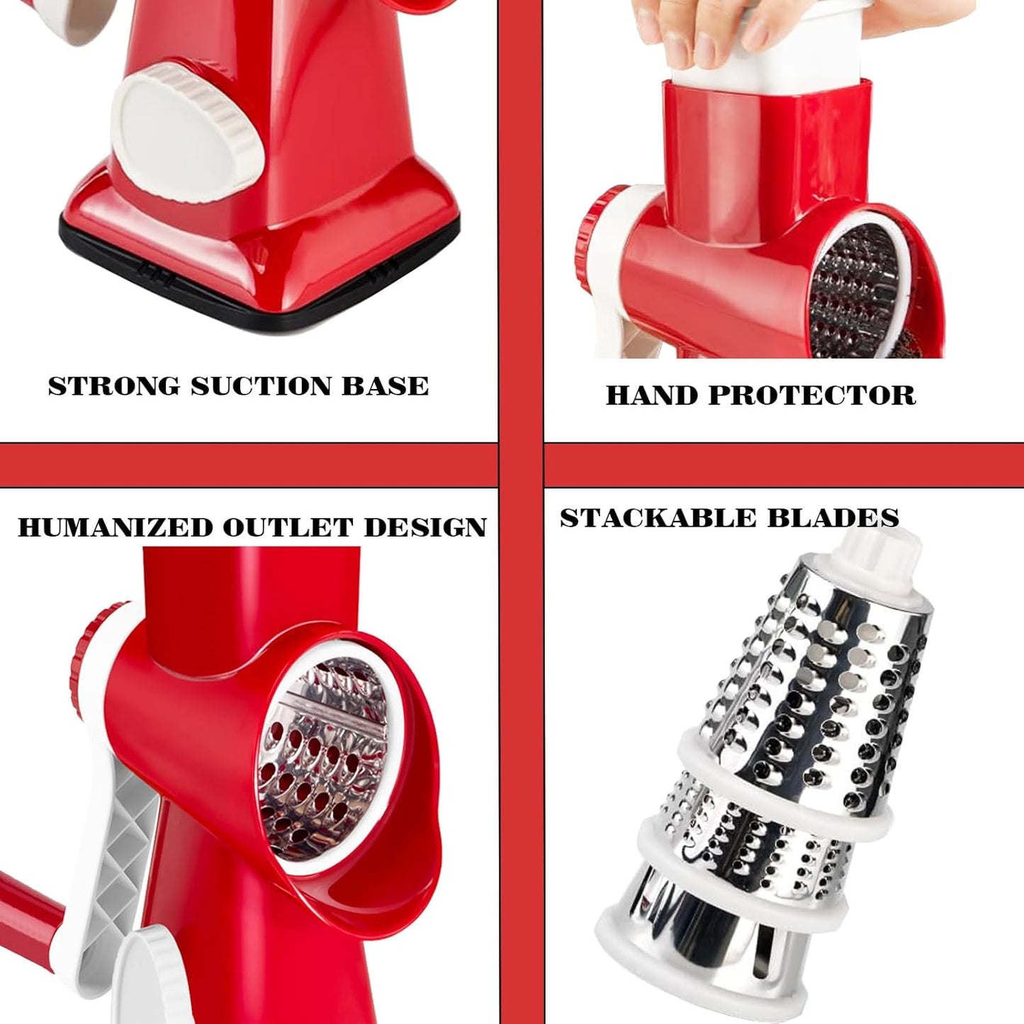 Cheese Grater with Handle, Multifunctional Manual Rotary Cheese Grater - Cheese Shredder Easily Chop Carrots, Potatoes, Vegetables and Fruits and Easy to Clean (Red)