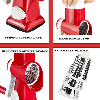 Cheese Grater with Handle, Multifunctional Manual Rotary Cheese Grater - Cheese Shredder Easily Chop Carrots, Potatoes, Vegetables and Fruits and Easy to Clean (Red)