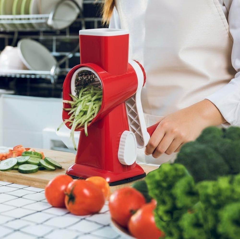 Cheese Grater with Handle, Multifunctional Manual Rotary Cheese Grater - Cheese Shredder Easily Chop Carrots, Potatoes, Vegetables and Fruits and Easy to Clean (Red)