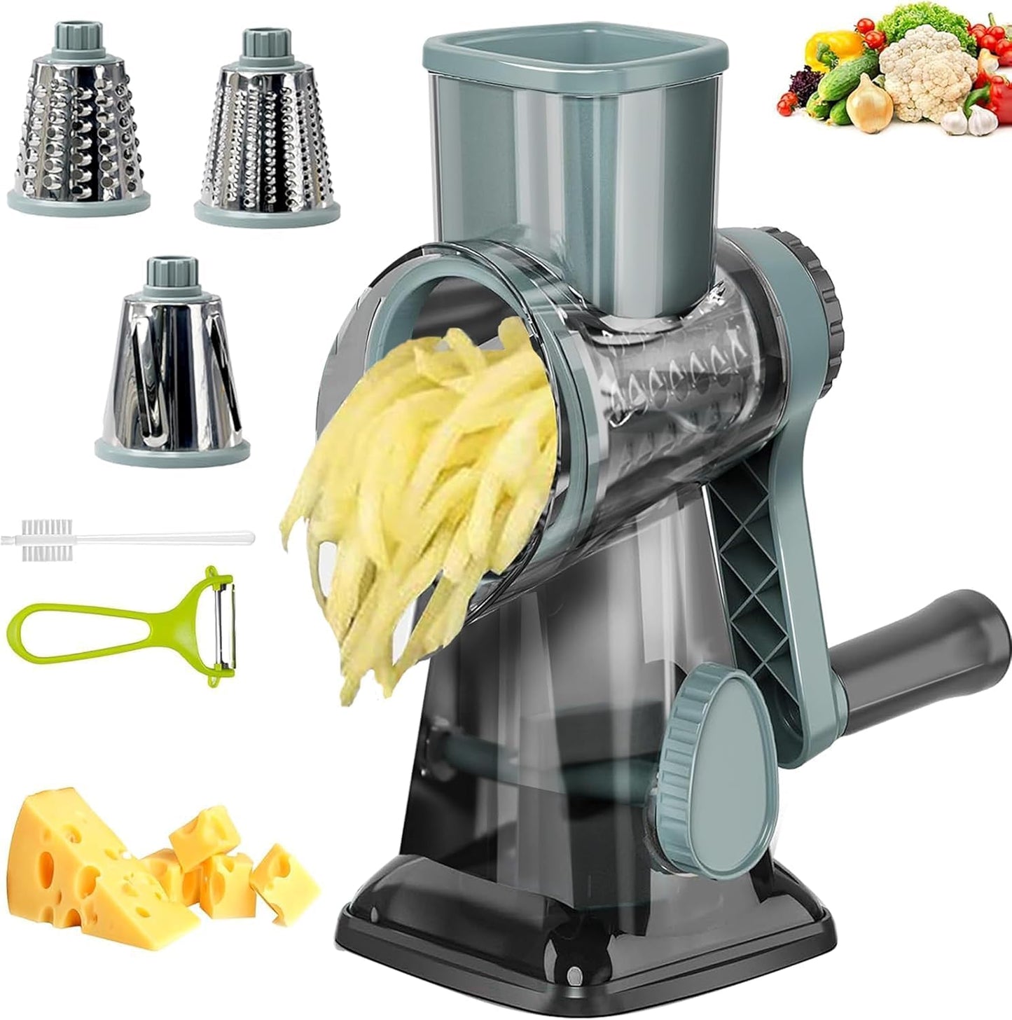 Cheese Grater with Handle, Multifunctional Manual Rotary Cheese Grater - Cheese Shredder Easily Chop Carrots, Potatoes, Vegetables and Fruits and Easy to Clean (Red)
