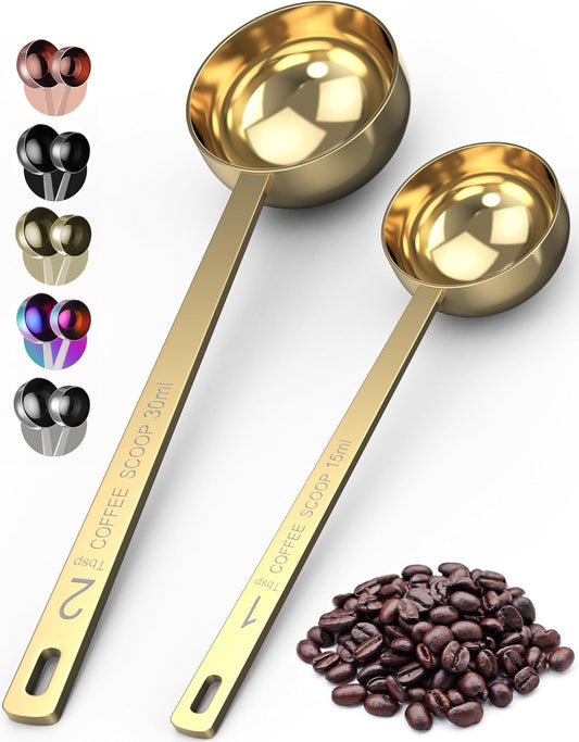 Premium Coffee Scoop Set - 1 Tbsp (15ml) & 2 Tbsp (30ml) Measuring Tablespoon - Stainless Steel Coffee Measuring Spoon and Scooper with Long Handles - Pack of 2 - Gold
