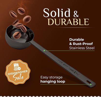 Premium Coffee Scoop Set - 1 Tbsp (15ml) & 2 Tbsp (30ml) Measuring Tablespoon - Stainless Steel Coffee Measuring Spoon and Scooper with Long Handles - Pack of 2 - Gold